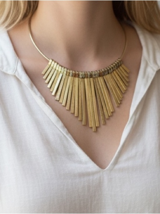 Jewelry - 17-19"  Gold Tone  Bib Statement Necklace  Textured Graduated Bars + Rope Chain